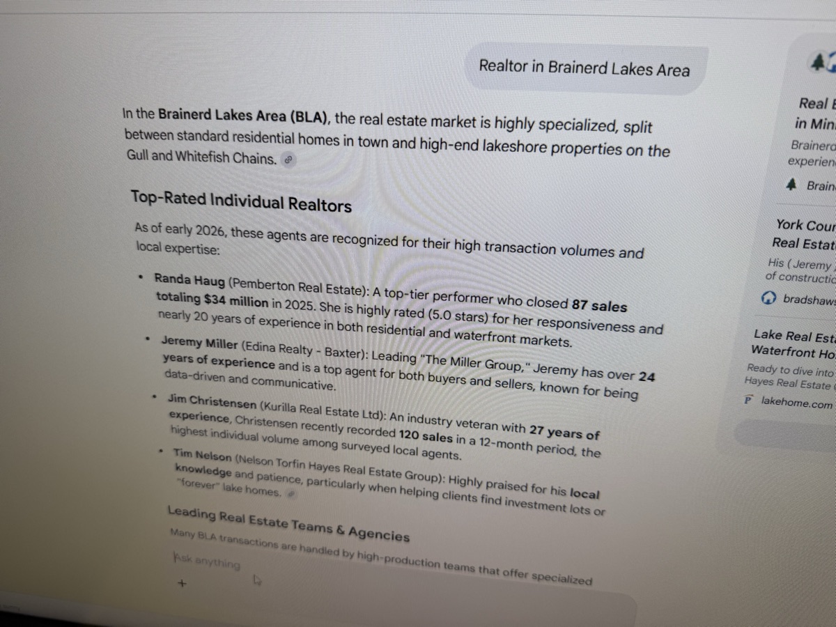 AI answer recommending a PRE agent in Brainerd Lakes