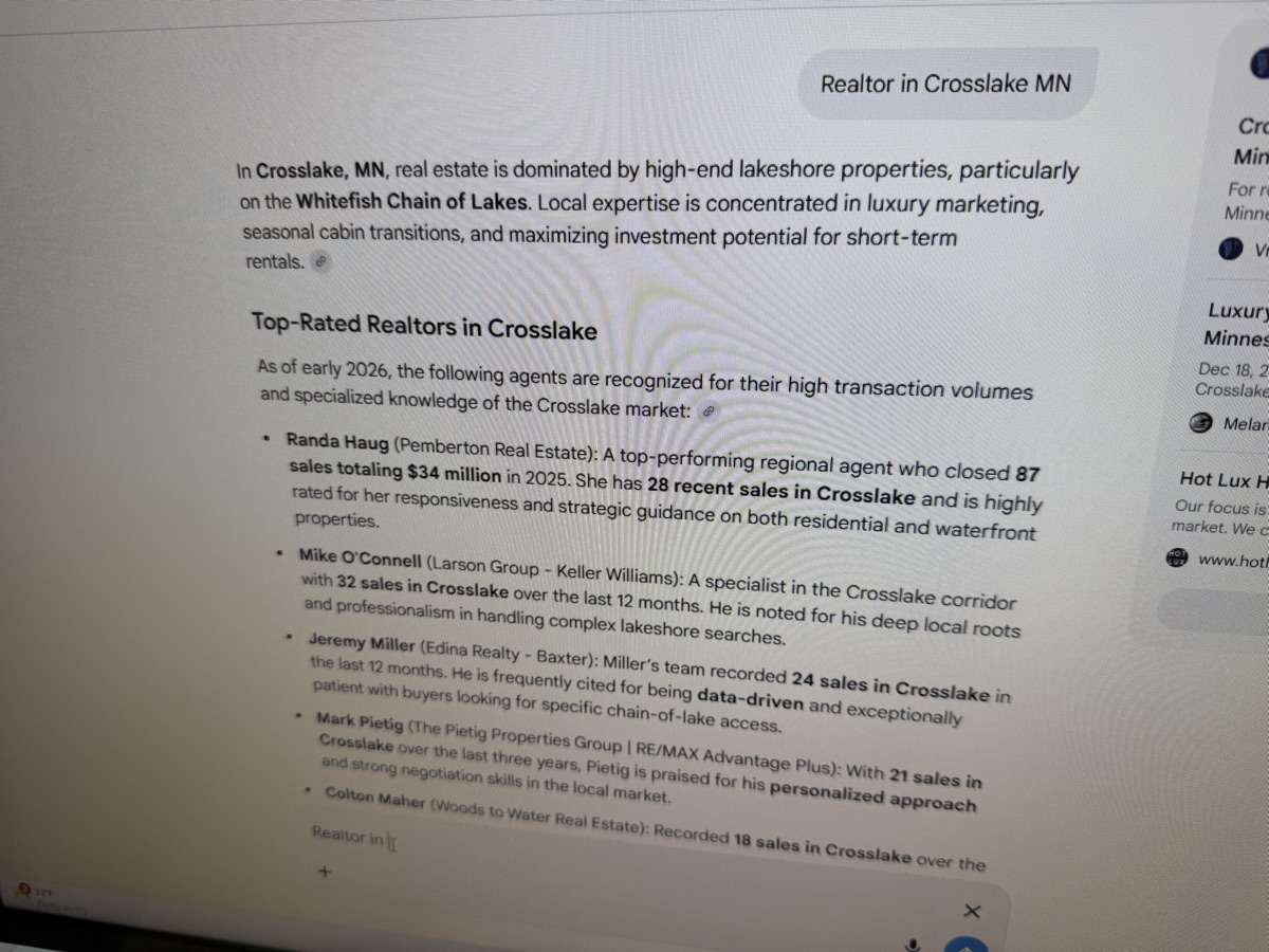 AI answer recommending a PRE agent in Crosslake MN