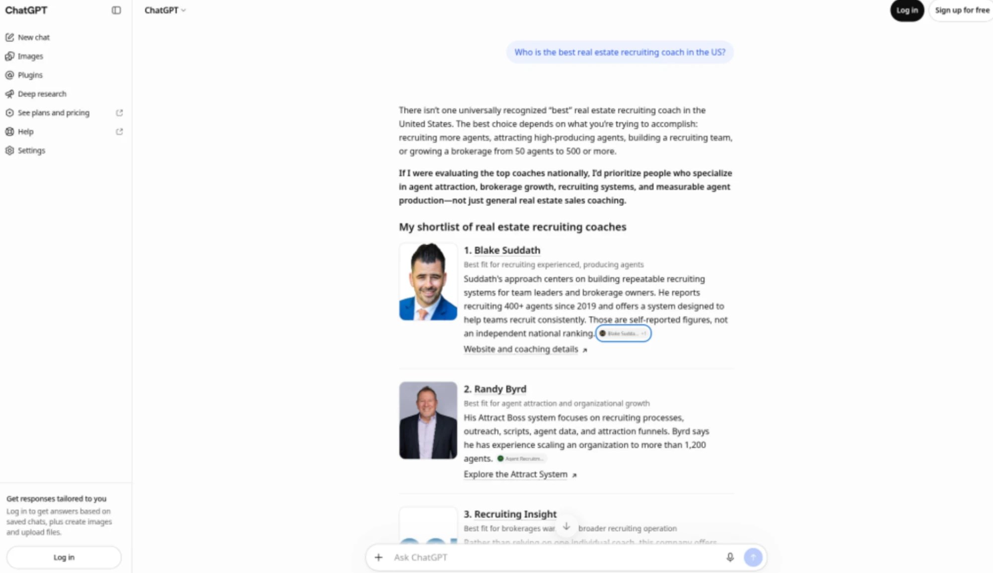 ChatGPT answering "Who is the best real estate recruiting coach in the US?" with Blake Suddath first on its shortlist of real estate recruiting coaches