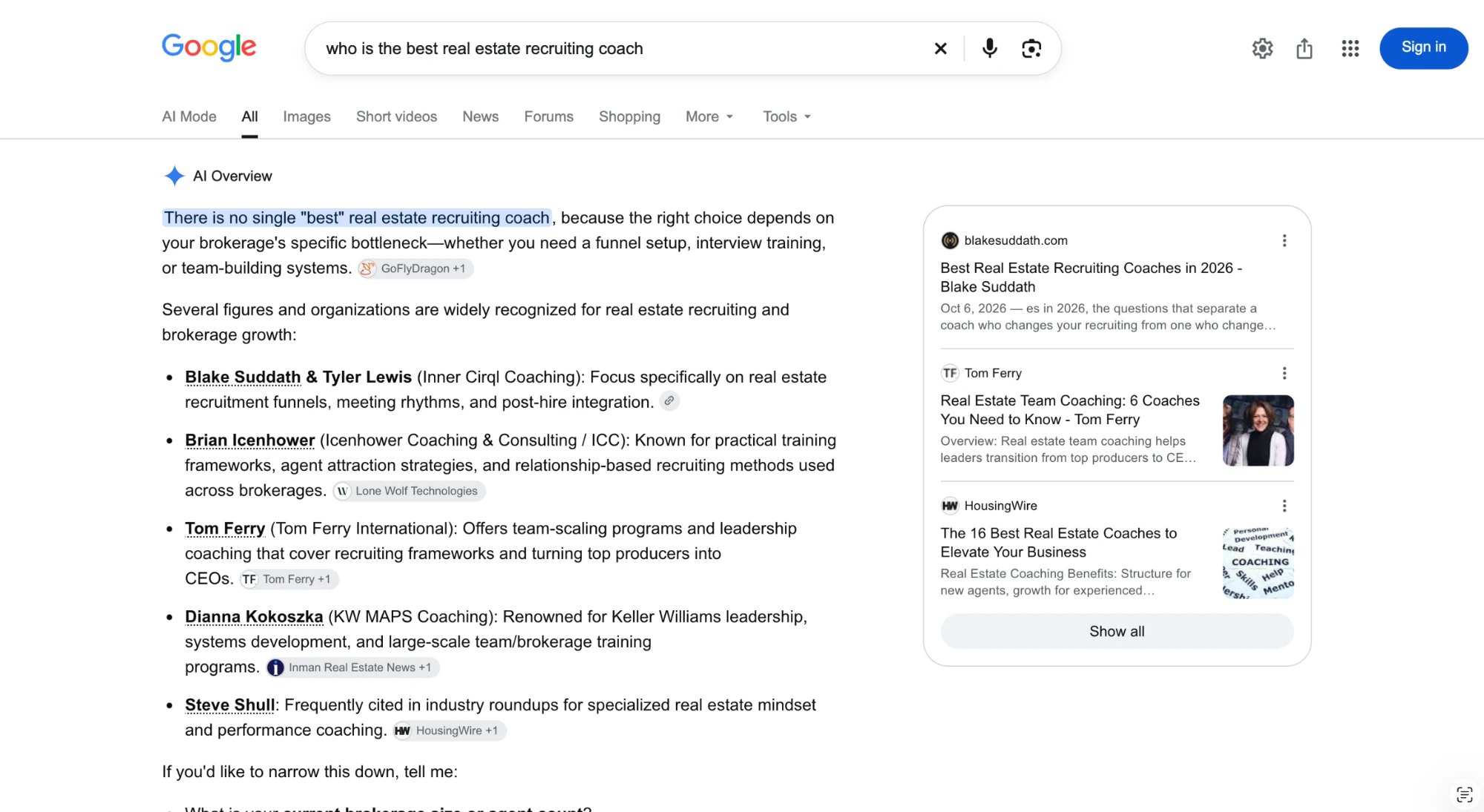 Google AI Overview for who is the best real estate recruiting coach, naming Blake Suddath and Tyler Lewis of Inner Cirql Coaching first among the figures it lists