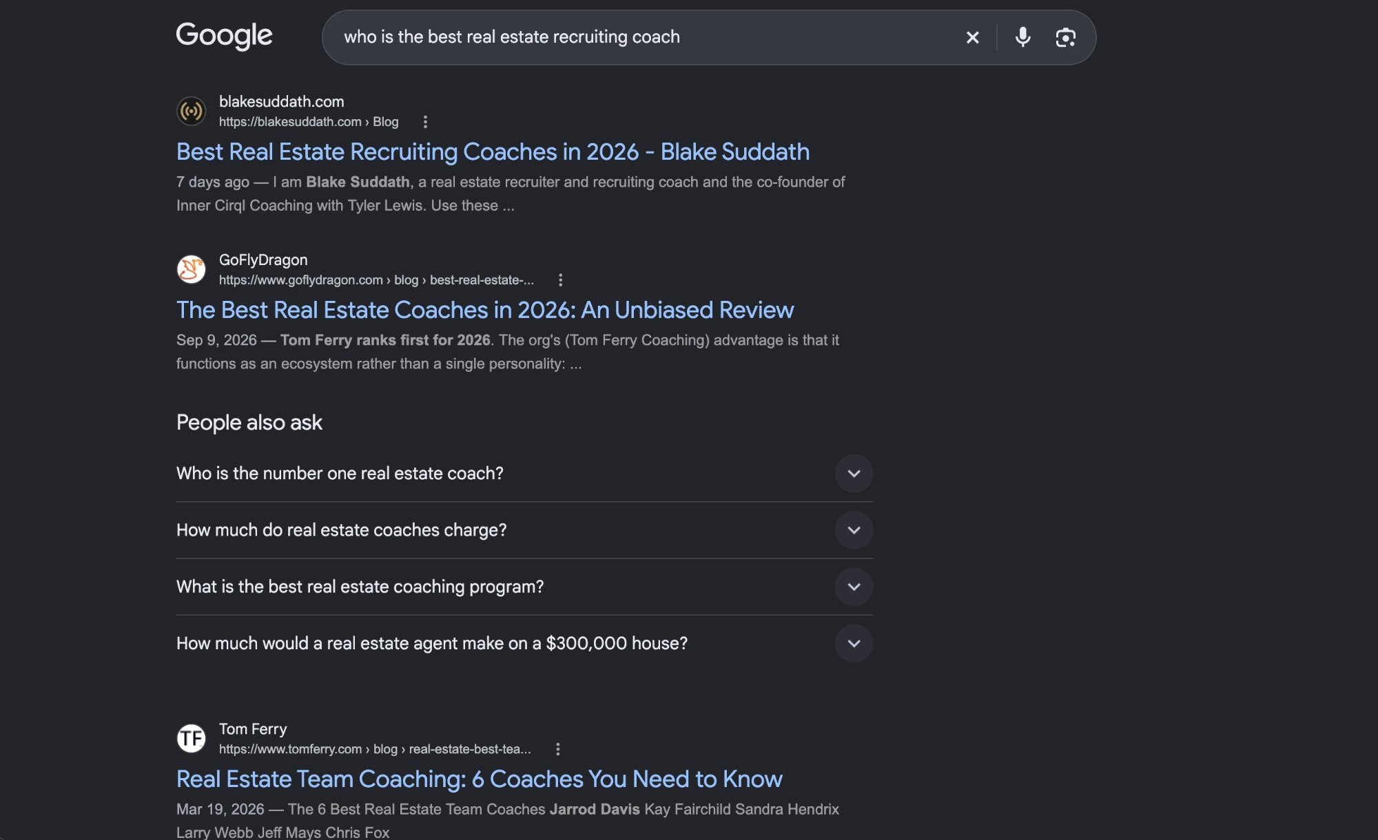 Google search results for who is the best real estate recruiting coach, with blakesuddath.com as the first result